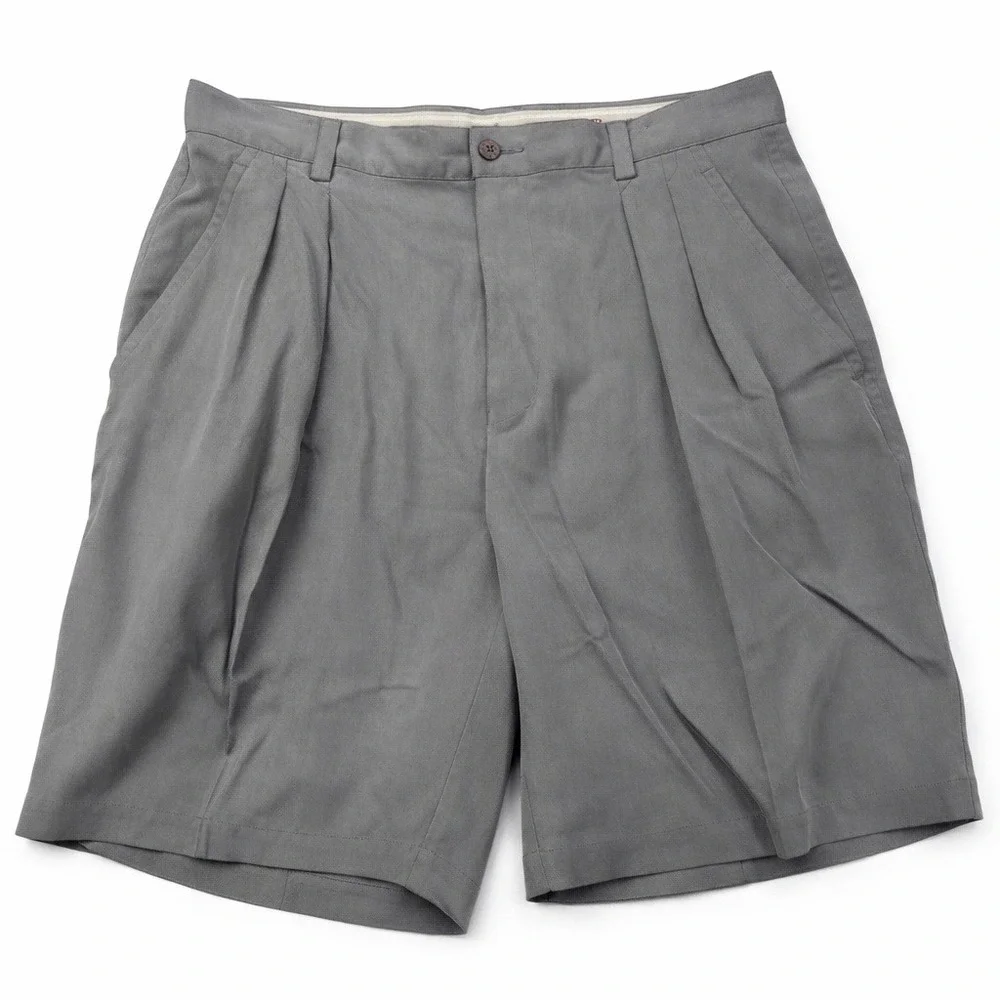 Tommy Bahama Shorts Mens 35 Gray 100% Silk‎ Pleated Herringbone Luxury *FLAW